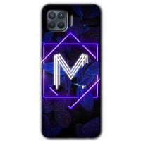 Oppo Reno 4 Lite Kılıf HD Desen Baskılı Arka Kapak + Temperli Cam - Dark Neon Yaprak M Harfi