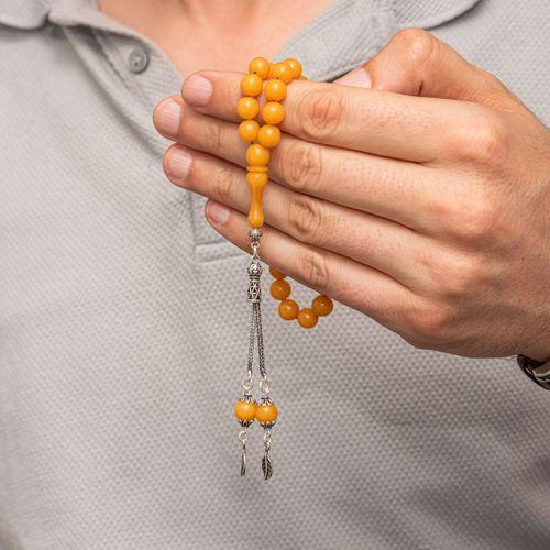 Gümüş Püsküllü Sarı Yuvarlak Sıkma Kehribar Tesbih