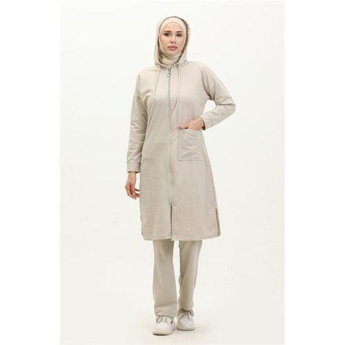 Kapşonlu Fermuarlı Yırtmaçlı Uzun Sweat Pantolon Spor İkili Takım - 03055.027 - Ekru