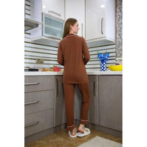 Kadın Penye Uzun Kol Pijama Takım Kahve