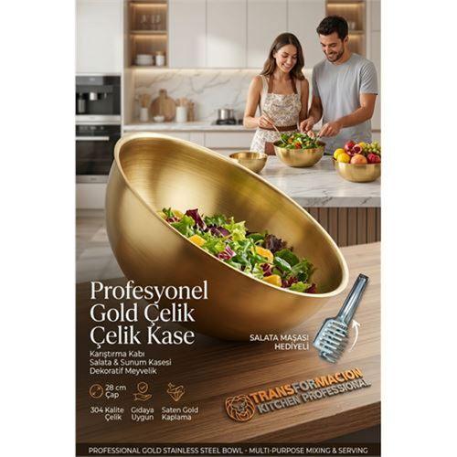 Gold Çelik Profesyonel Kase 28 cm - Çok Amaçlı Karıştırma Kabı, Salata & Sunum Kasesi, Dekoratif Meyvelik 723295