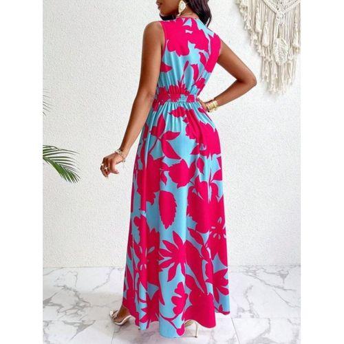 Kadın Askılı Kruvaze Yakalı çiçek Desenli Uzun Süprem Elbise