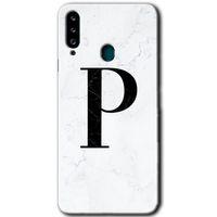 MRCİLETİSİM Samsung Galaxy A20s Kılıf Baskılı Kapak - Beyaz Mermer Desenli P Harfi +Tam Kaplayan Mat Seramik