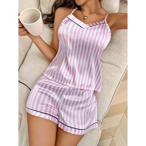 Kadın Beyaz Pembe Çizgili Saten Şort Pijama Takımı 2237
