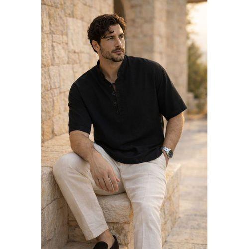 Wes Oversize Yarım Pat Bambu Kısa kol Gömlek - Siyah