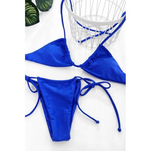 Kadın Mavi Yandan Bağlamalı Tangalı Üçgen Bikini Mayo Takımı