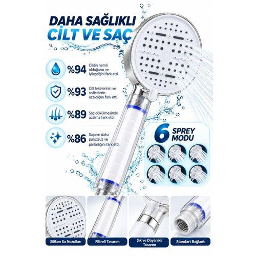 6 Sprey Modlu Filtreli Duş Başlığı Büyük Su Paneli Silikon Nozullu Beyaz Modern Tasarım