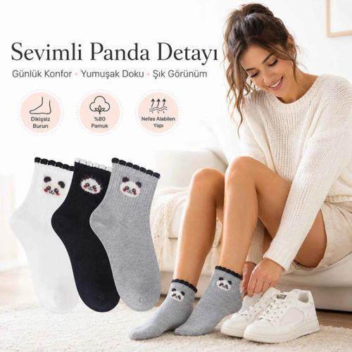 Kadın Panda Desenli Kısa Konç Çorap 12'li | %80 Pamuklu Dikişsiz, Siyah Beyaz Gri