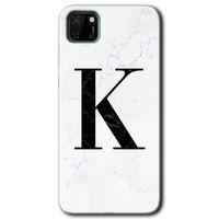 Potkal Hediye Fabrikası Huawei Y5P Kılıf HD Desen Baskılı Arka Kapak - Beyaz Mermer Desenli K Harfi