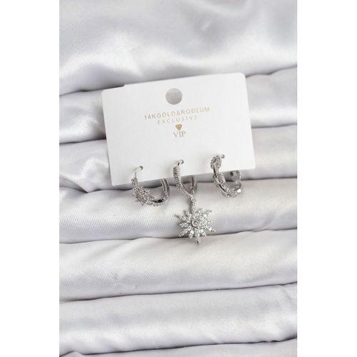 Pirinç Gümüş Renk Kutup Yıldızı Model 3'lü Kadın Küpe Seti