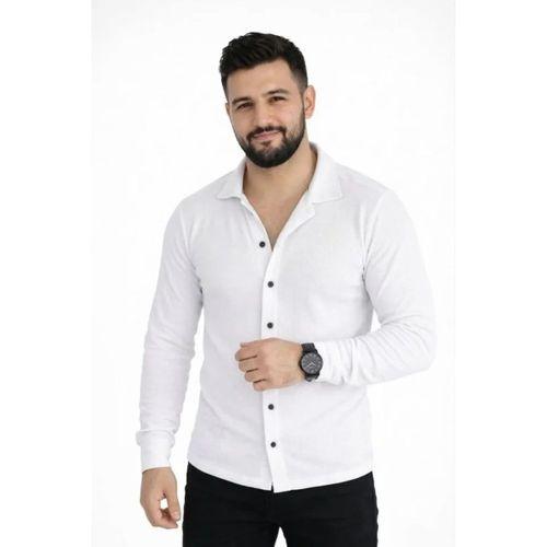 Erkek Waffle Kumaş Uzun Kollu Düğmeli Açık Yaka Regular Fit Gömlek - Beyaz