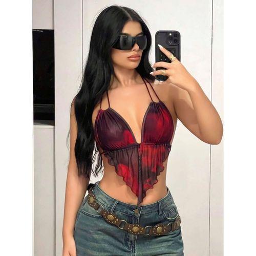 Kadın Kırmızı Siyah Crop Bluz Askılı Önden Bağlamalı Üçgen Kesim Detaylı Şık Kadın Üst Giyim Özel Tasarım