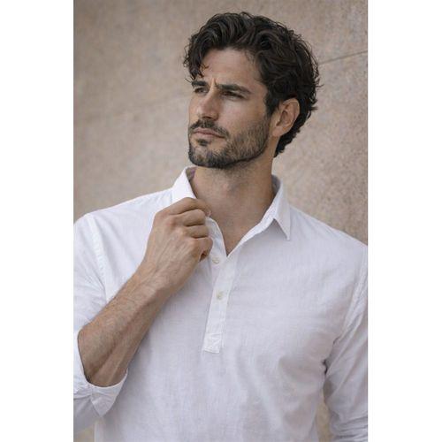 Yarım Pat Yakalı York Pamuk Kumaşlı Uzun Kollu Erkek Gömlek - Beyaz