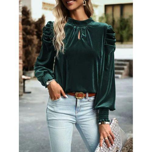 Kadın Uzun Kollu Balıkçı Yaka Damla Detaylı Kadife Bluz