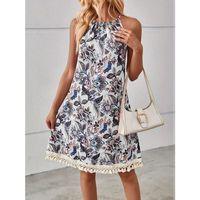 Kadın Halter Yaka Eteği Püsküllü Boyundan Bağlamalı çiçek Desen Süprem Elbise