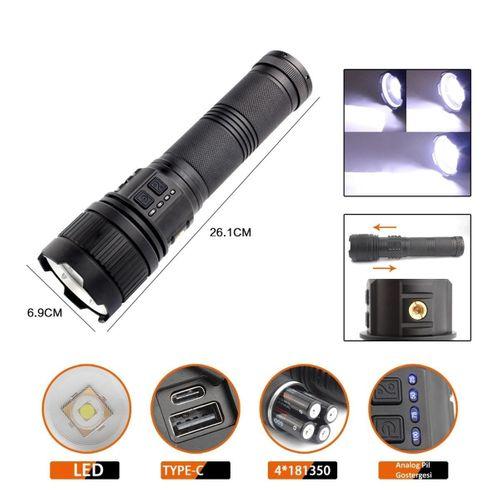 Bedotech Bd-3 30w Tg Led Alüminyum Alaşımlı Zoomlu Type-c Analog Pil Göstergeli Şarjlı El Feneri