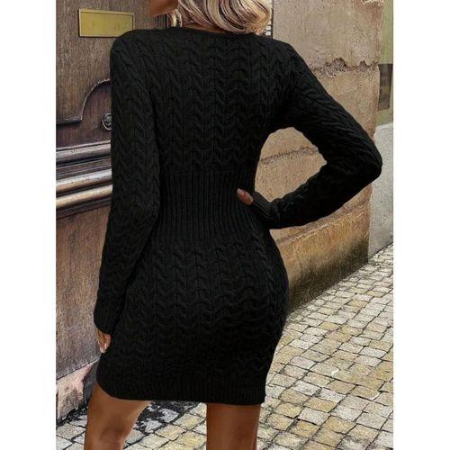 Kadın Uzun Kollu V Yakalı önden Fermuarlı Kısa Triko Elbise