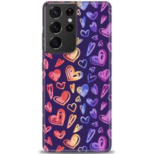 Samsung Galaxy S21 Ultra Kılıf HD Baskılı Kılıf - Renkli Kalpler + Tam Ekran Koruyucu