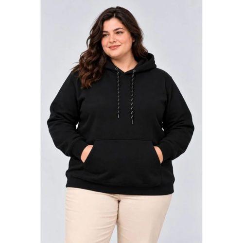 Battal Büyük Beden Üç İplik İçi Şardonlu Kapüşonlu Kanguru Cepli Kışlık Sweatshirt - Siyah