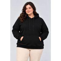 Battal Büyük Beden Üç İplik İçi Şardonlu Kapüşonlu Kanguru Cepli Kışlık Sweatshirt - Siyah