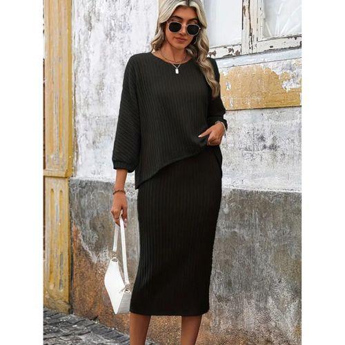 Kadın Uzun Kollu Yakası Açık Yarasa Kollu şardonlu Kaşkorse Bluz Ve Etek Takım