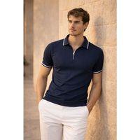 Jared Yakası Şeritli Dik Çizgili Yarım Fermuar İnce Triko Erkek T-Shirt - Lacivert