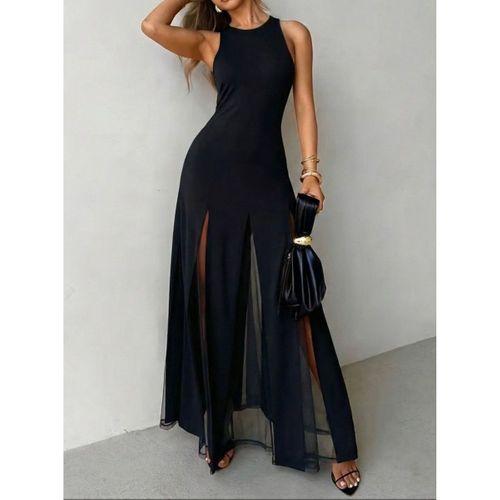 Kadın Askılı Bisiklet Yaka Etek Ucu Tül Detaylı Asimetrik Kiloş Uzun Ithal Krep Elbise