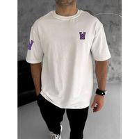 Unisex Bisiklet Yaka Baskılı Oversize T-Shirt - Beyaz