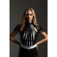 Siyah Kadın Kemer Şerit Detaylı Yüksek Yaka Zımbalı - Brf1257