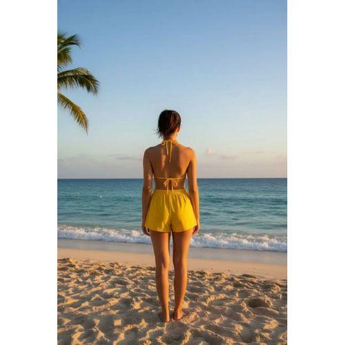 Sarı Şortlu Bağlamalı Bikini Takımı Üçgen Kesim Ayarlanabilir Esnek Kumaş Kadın Mayo Seti