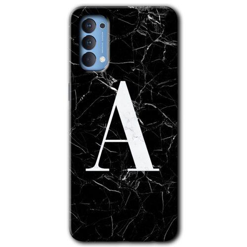 MRCİLETİSİM Oppo Reno 4 Kılıf Baskılı Kapak - Siyah Mermer Desenli A Harfi + 5D Tam Kaplayan Cam