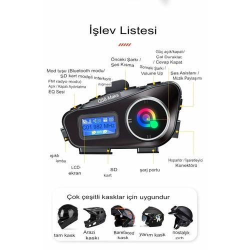 Q58-max Radyolu 2 Kişi Bağlantılı Bluetooth Kask Kulaklık Ekranlı Fenerli Müzik Ve Telsiz Intercom