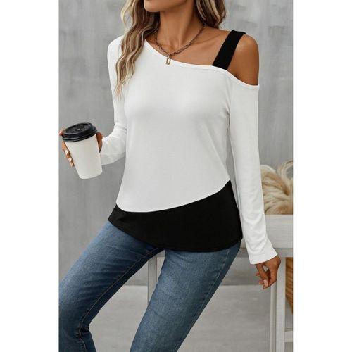 Kadın Tek Omuzu Açık Askılı çift Renkli Uzun Kollu Viskon Bluz