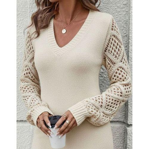 Kadın Uzun Kollu V Yakalı Mini Triko Elbise