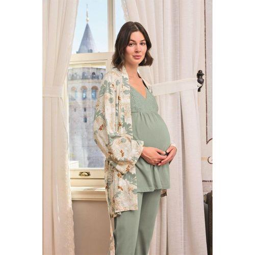 Çiçek Ve Yaprak Desenli Dantelli Hamile Lohusa 3'lü Pijama Takımı