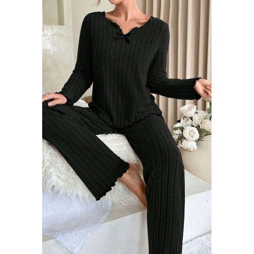 Kadın Siyah Fiyonk Detaylı Uzun Kollu Yuvarlak Yaka Mevsimlik Pijama Takımı Premium Ev Giyim