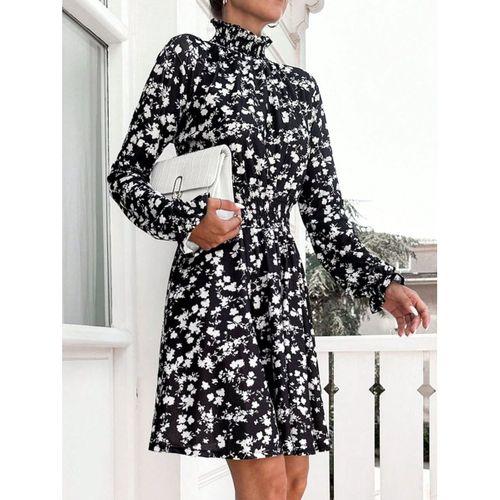 Kadın Uzun Kollu Balıkçı Yaka çiçek Baskılı Helen Kumaş Elbise