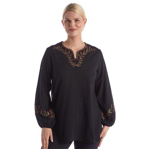 Şile Bezi Uzun Kol Siyah Nakış Detaylı V Yaka Yazlık Otantik Bluz