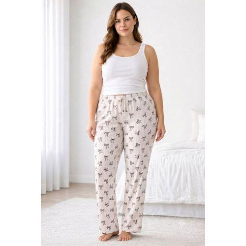Viskon Pamuklu Kadın Büyük Beden Pudra Desenli Pijama Pantolon - MGB009 - Mudanis