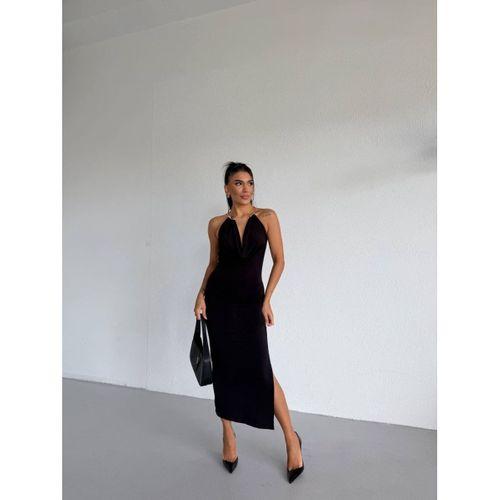 Kadın Boyun Aksesuarlı Halter Yaka Maxi Boy Sandy Kumaş Elbise