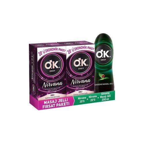 Okey Nirvana 40'lı Prezervatif + Okey Ginseng Masaj Jeli Su Bazlı 200 ml