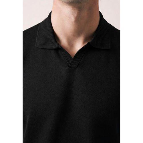 Dawson Polo V Yaka Düğmesiz Kısa Kollu İnce Triko Erkek T-Shirt - Siyah