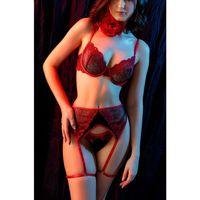 Kırmızı Dantel Jartiyerli 3’lü Fantazi İç Giyim Takımı, Transparan Ayarlanabilir Askılı