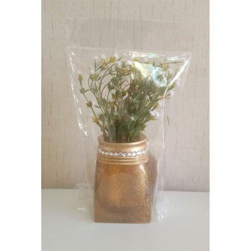 2 Adet Vazo Dahil,Vazoda Çiçek,Beyaz Yapay Çiçek,Vazo Dekoratif Taşlı Altın Poliresin 7X7X15Cm
