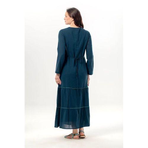 Uzun Kol Venedik Nakışlı Şile Bezi Otantik Uzun Elbise Petrol Ptrl