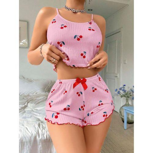Kadın Pembe Kiraz Desenli Askılı Şortlu Pijama Takım 6656