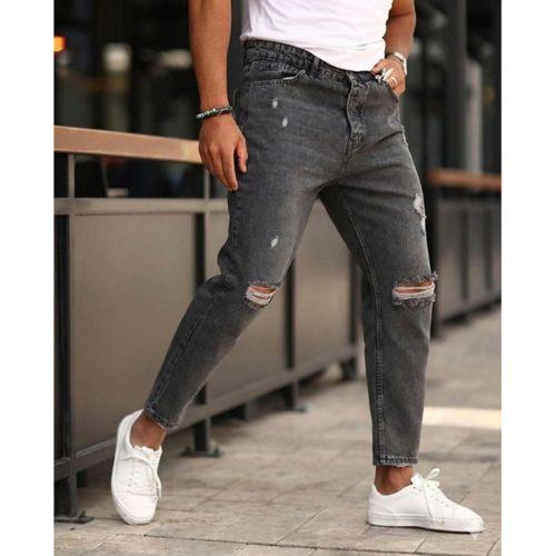 Erkek Koyu Gri Yırtık Detaylı Boyfriend Jean