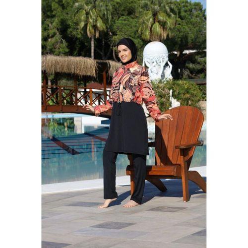 Estiva 26971 Siyah Leafy Tam Kapalı Croplu Pantolonlu Tesettür Mayo