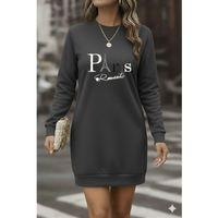 Kadın Uzun Kollu Bisiklet Yaka Yazılı Kısa Viskon Iki Iplik Elbise