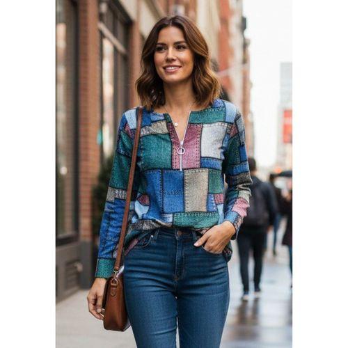 Kadın Uzun Kollu Yakadan Fermuarlı Kot Görünüm Desenli Uzun Modal Bluz